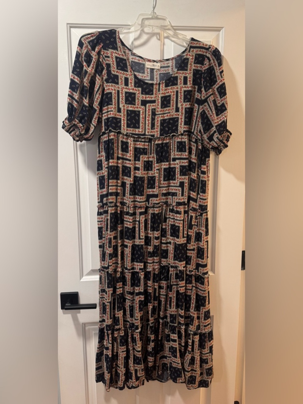 Boho Tiered Midi Dress in Navy and Cream